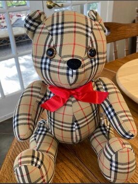 Burberry Beige Plaid Teddy Bear with Red Bow